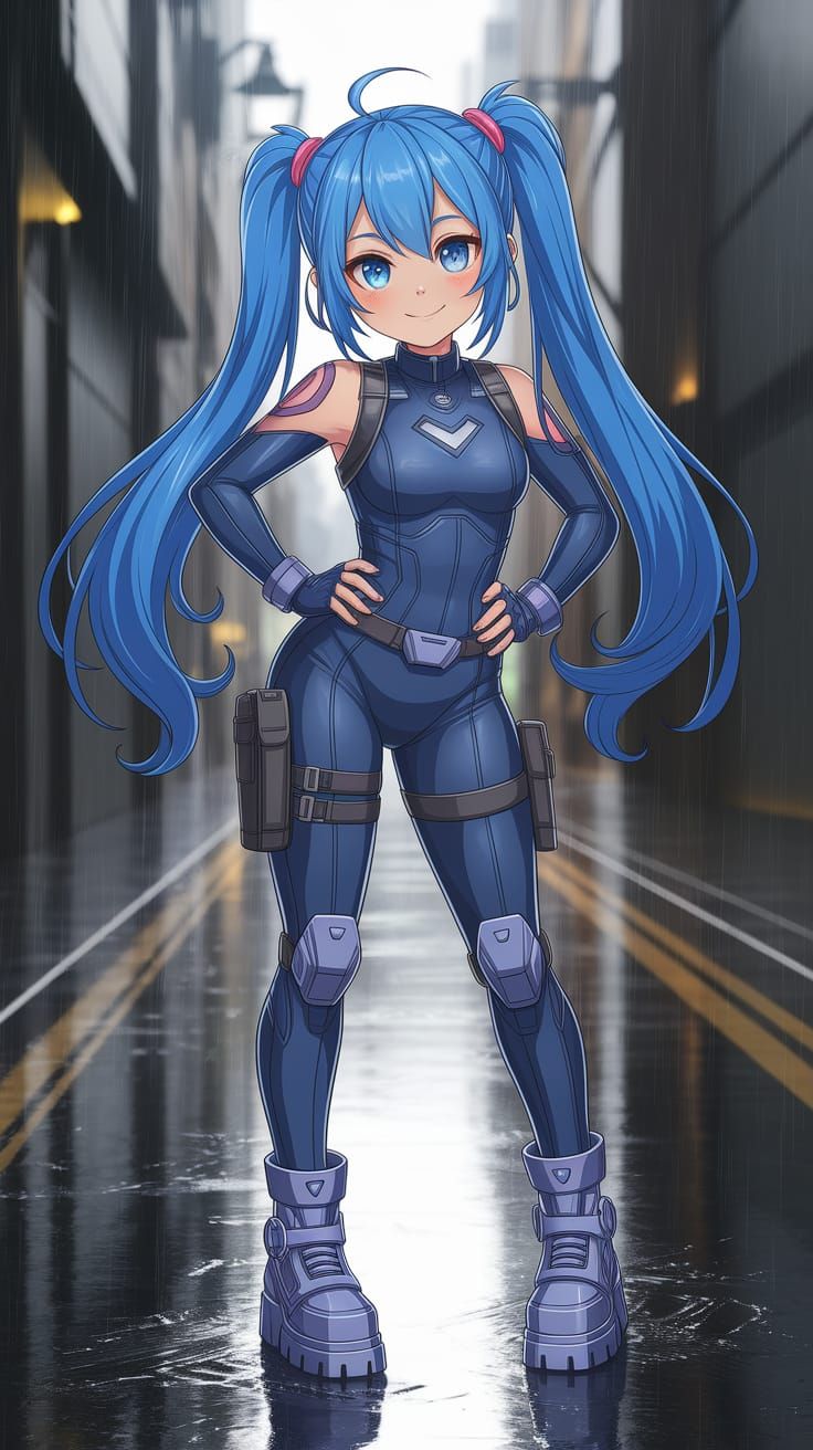 Confident Woman in Rain Slick Alleyway, Anime Style