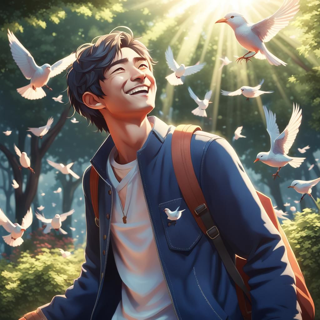 Happy Man in Anime Style, Detailed 3D Render