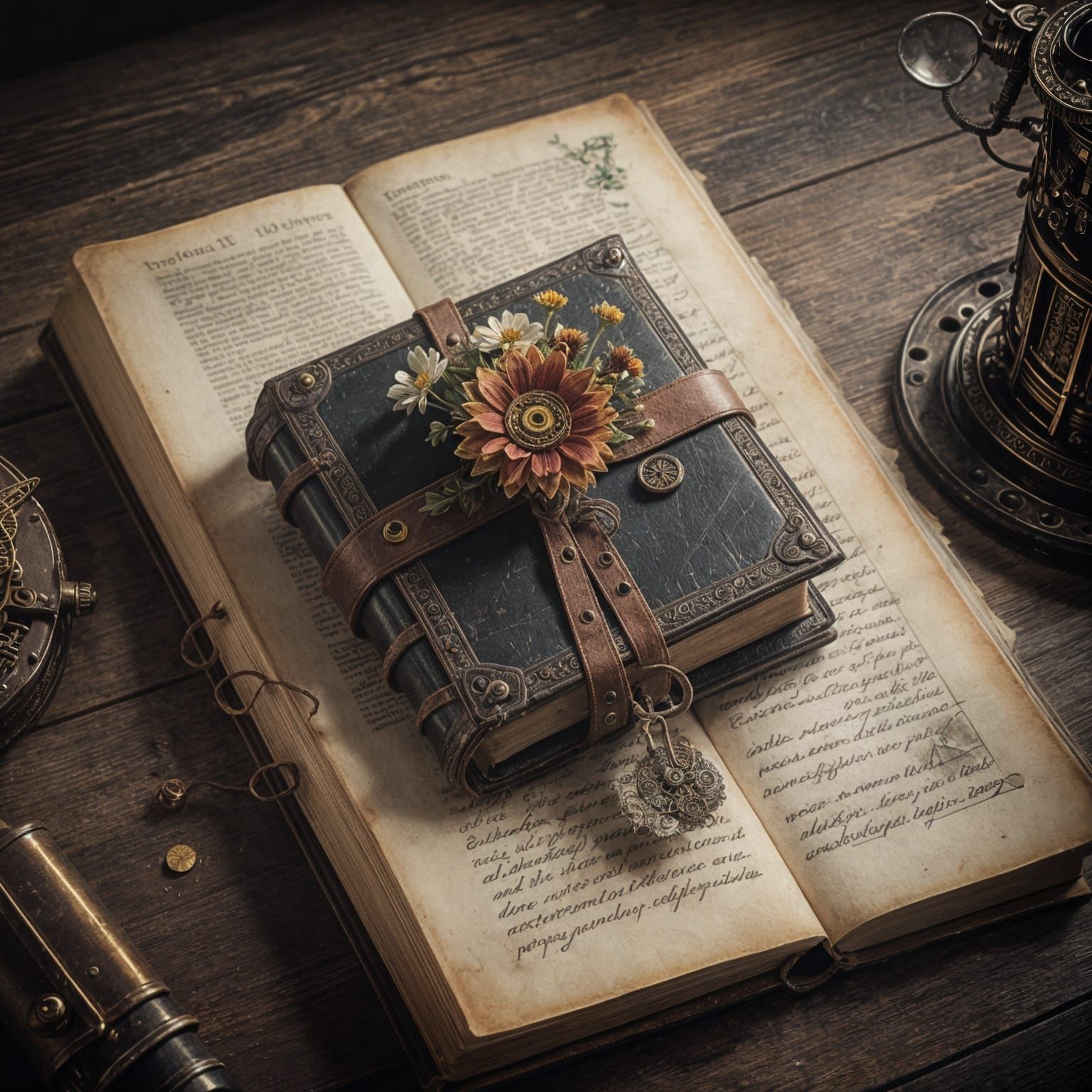 Steampunk Book with Flowers and Engine