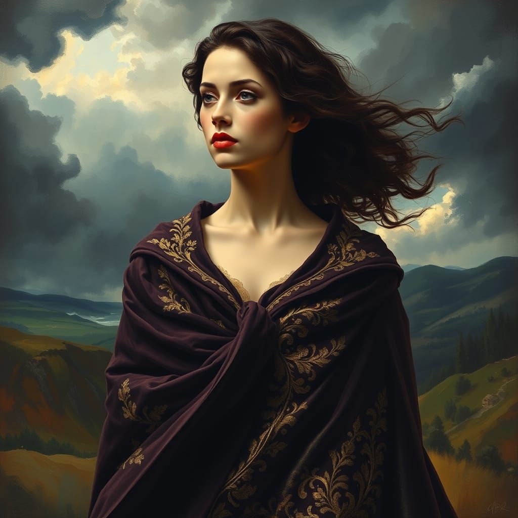 Velvet-Cloaked Beauty in 19th-Century Stormy Landscape