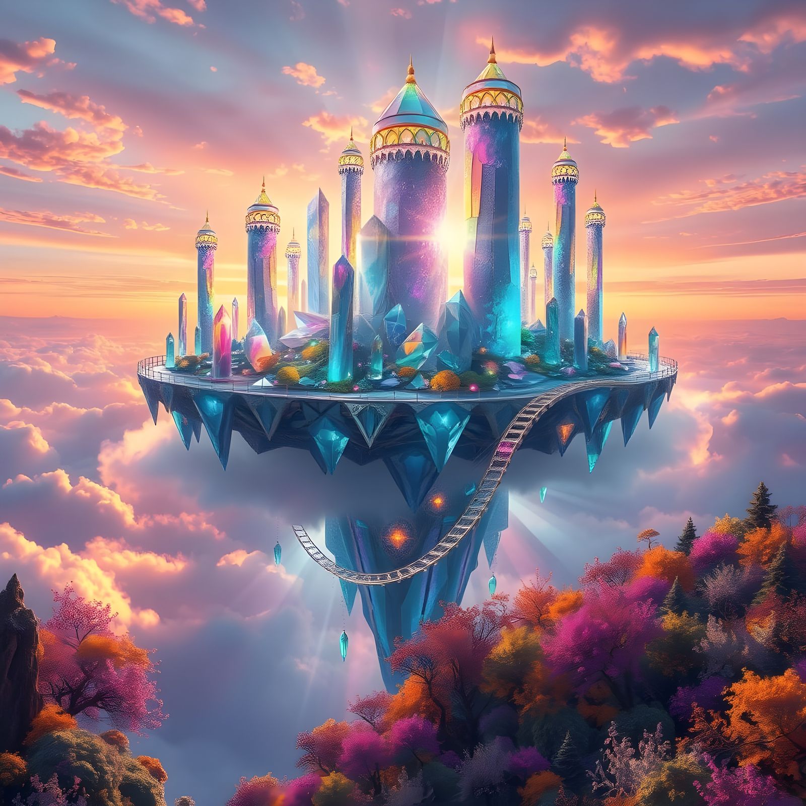 Floating Crystal Island Reflecting Rainbow Light