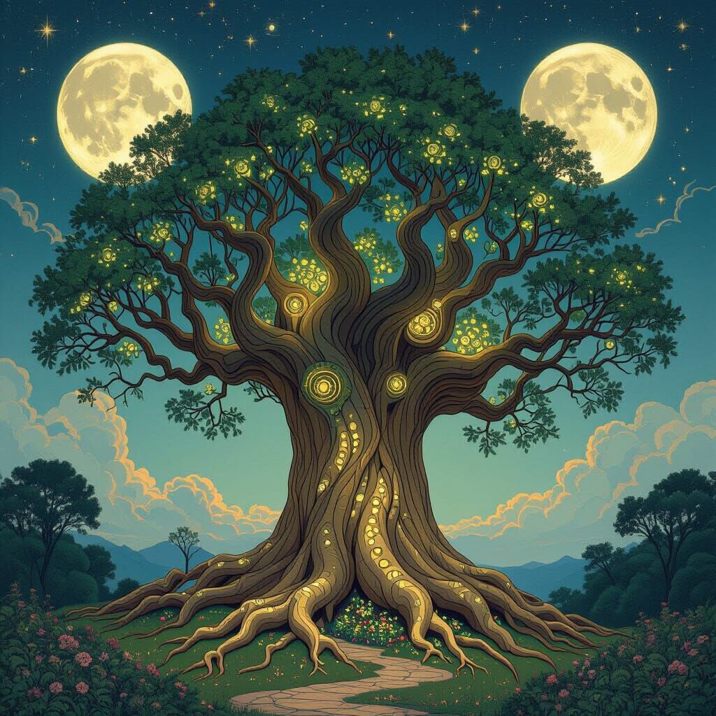 Ancient Labyrinth Tree Under Cosmic Sky in Art Nouveau Style