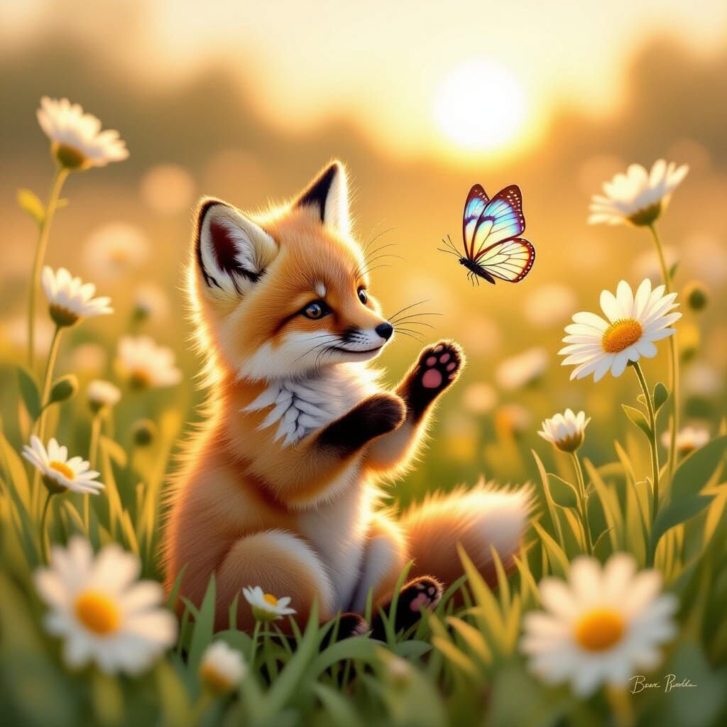 Teacup Fox Kit in Wildflower Meadow at Sunset