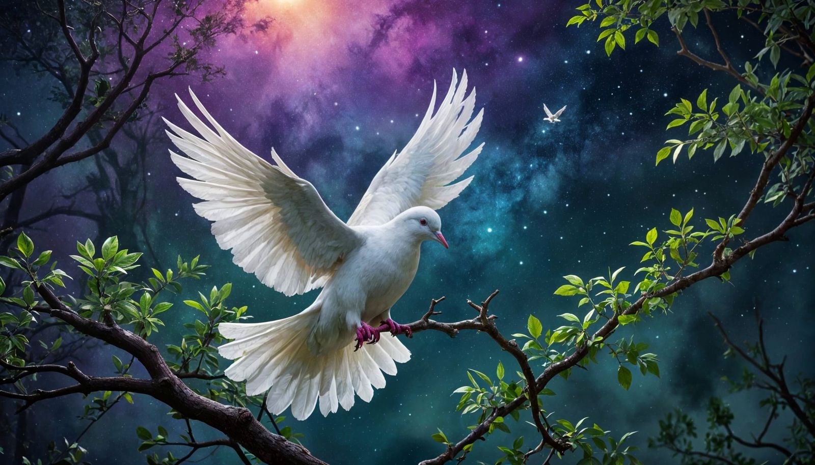 Surreal White Dove in Ethereal Night Sky