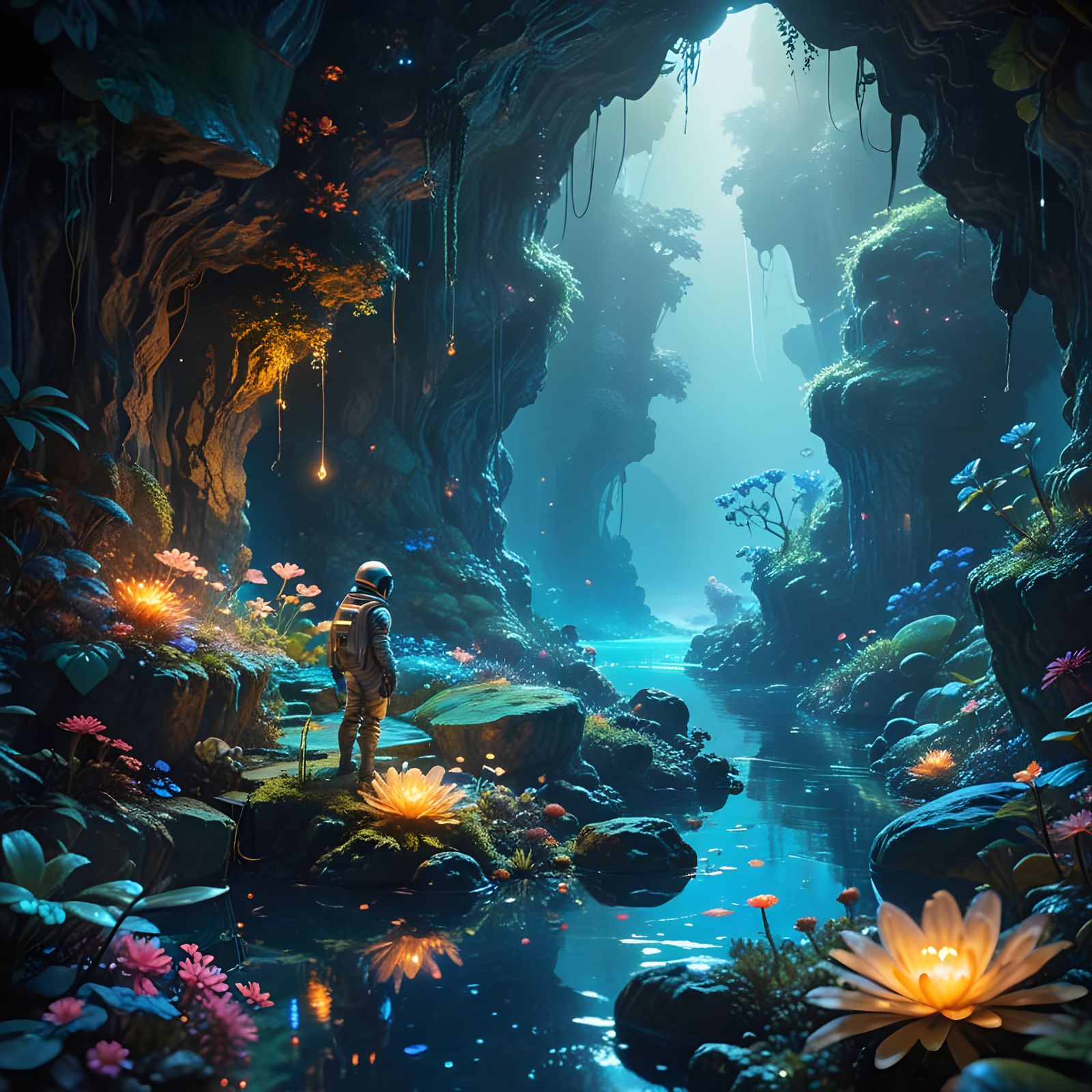Astronaut Finds Bioluminescent Grotto, Watercolor Style
