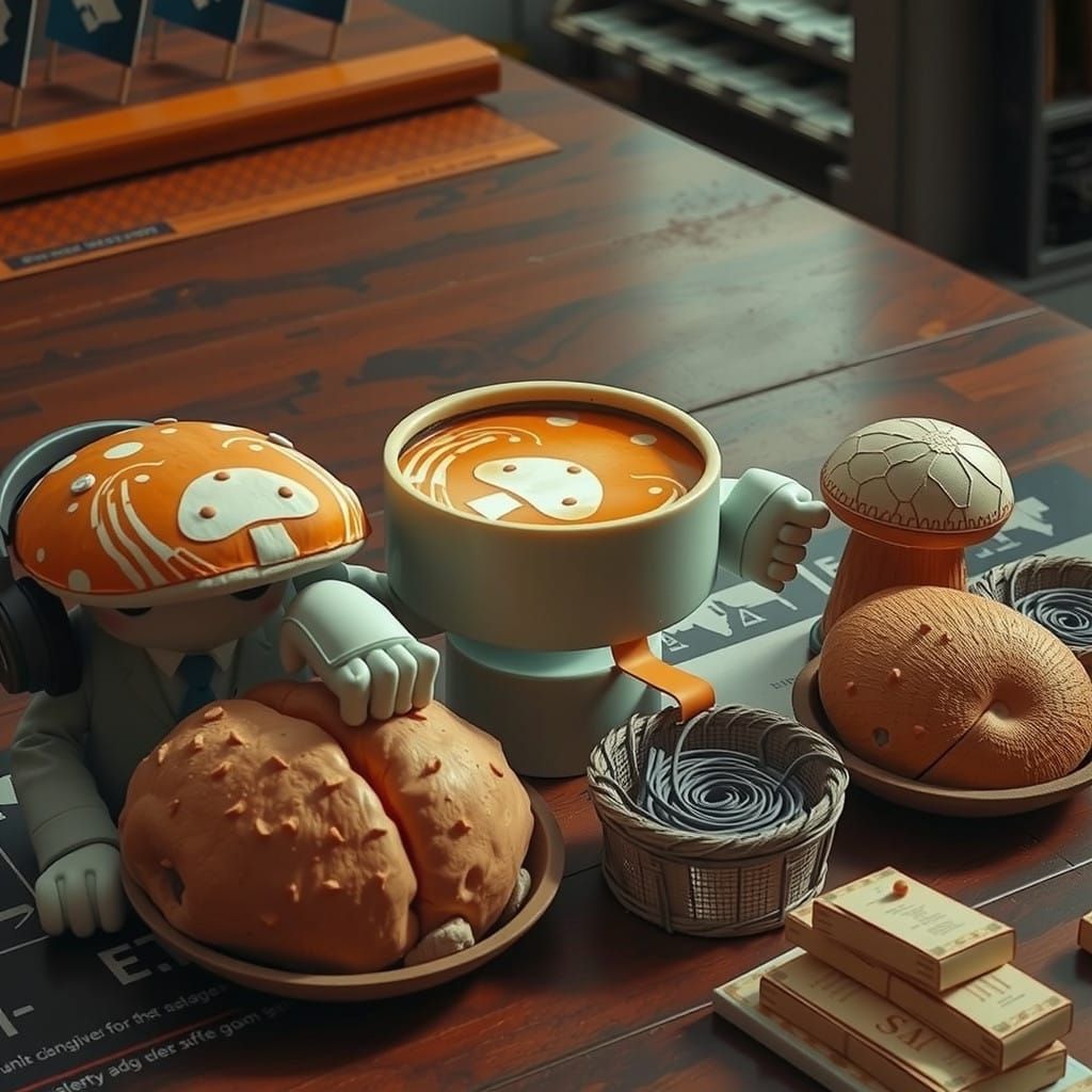 Whimsical Fungi Executive in Linocut Splendor