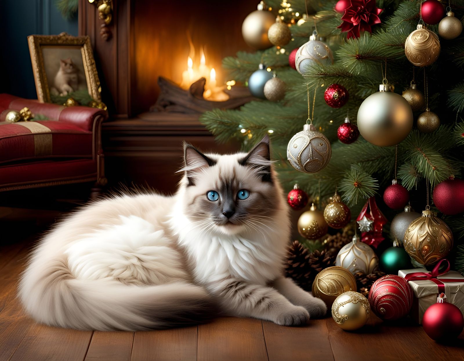 Ragdoll kitty, Buckaroo, enjoying Christmas eve.