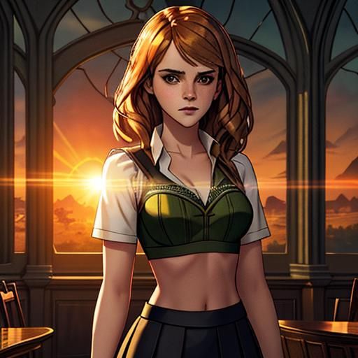 Hermione Granger and sunset at Hogwarts
