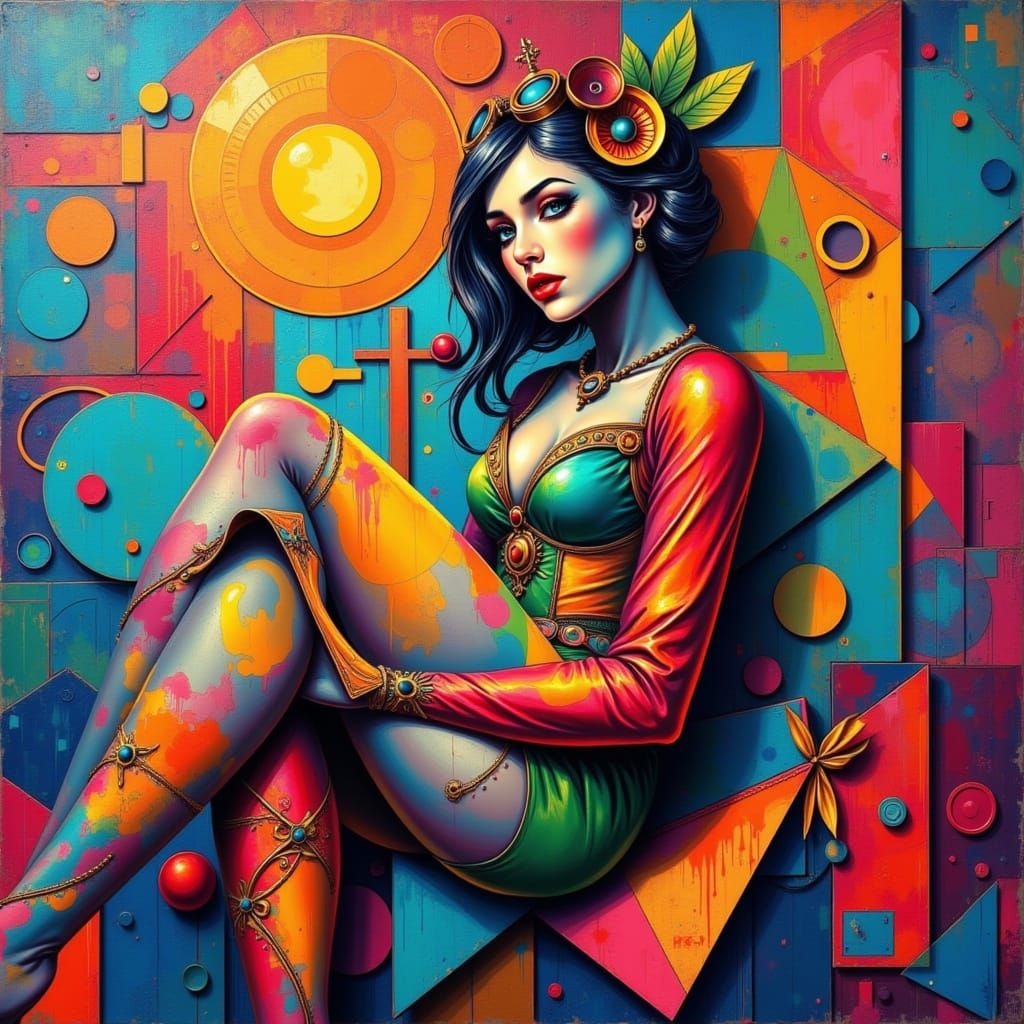 Modern Renaissance Masterpiece in Neon Cubist Style