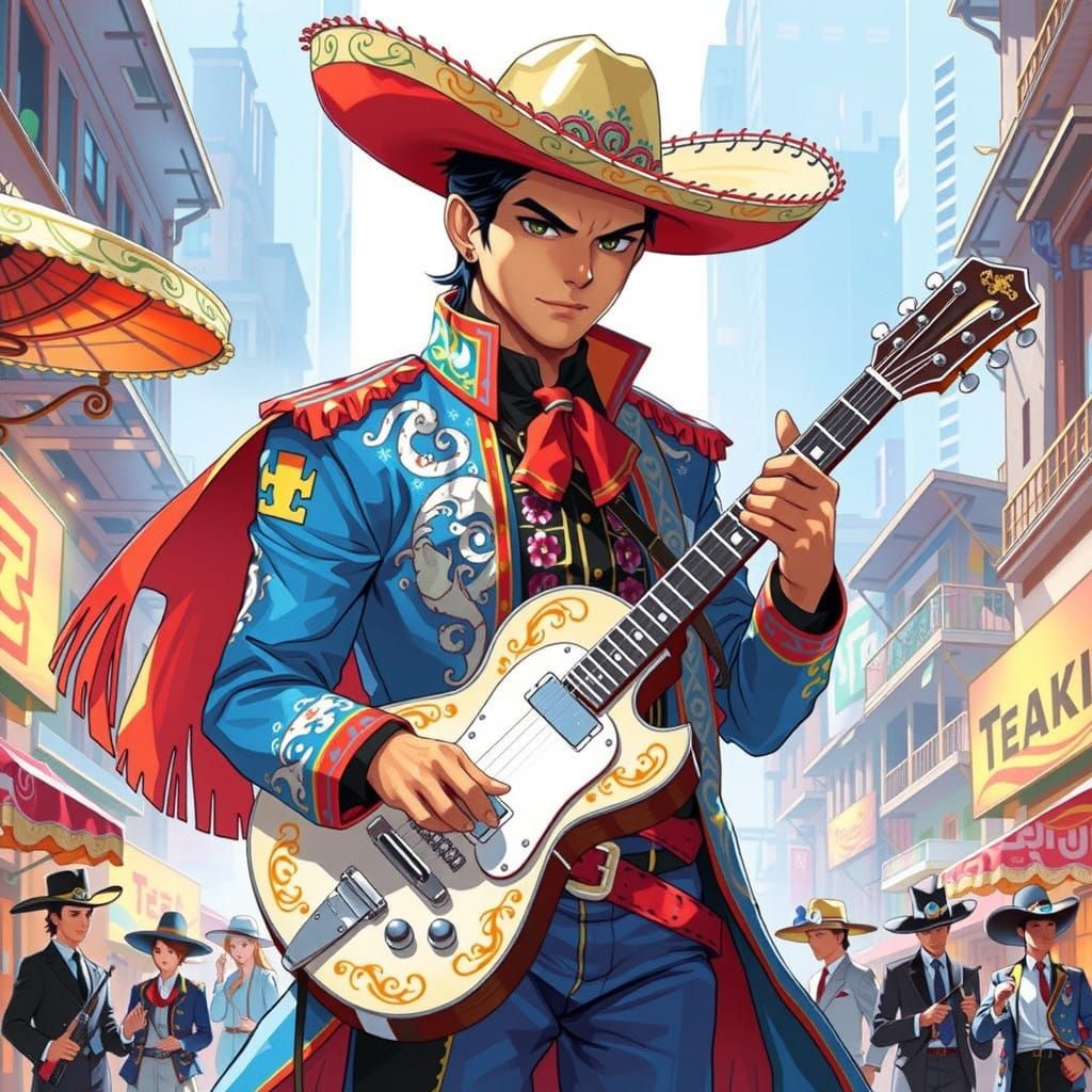 Vibrant Mariachi Man in Anime Style