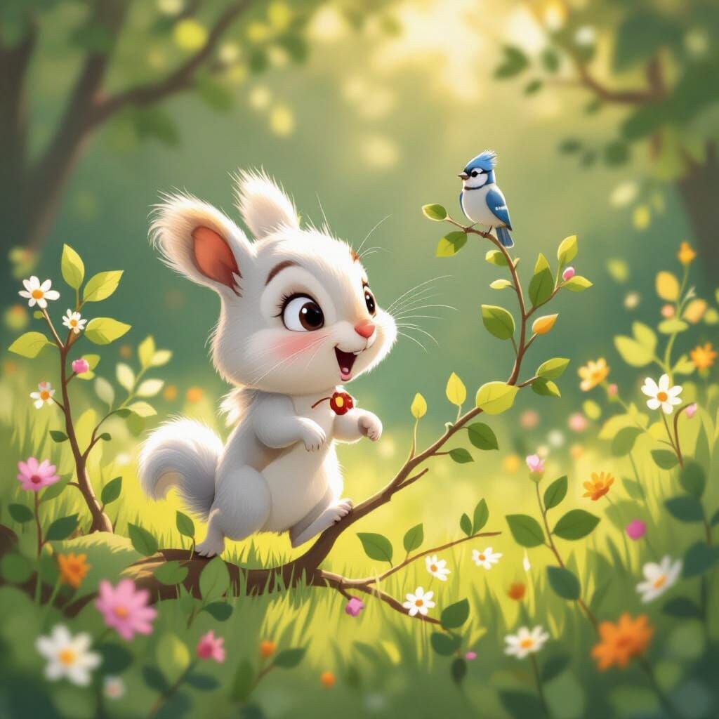 Squirrel Asks Blue Jay Questions in Whimsical Illustration