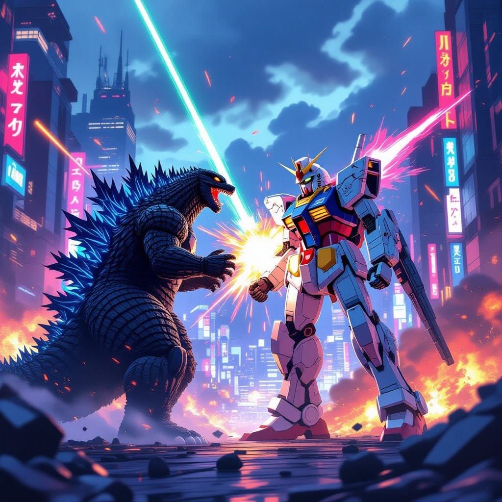 Godzilla vs. Gundam Epic Battle in Neon City