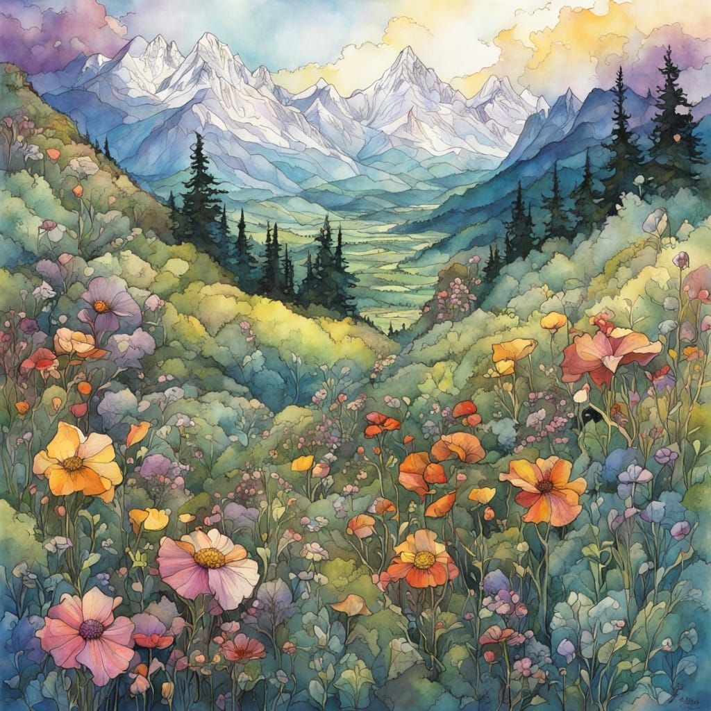 Colorful Wildflowers in Fantasy Valley, Alcohol Ink Style