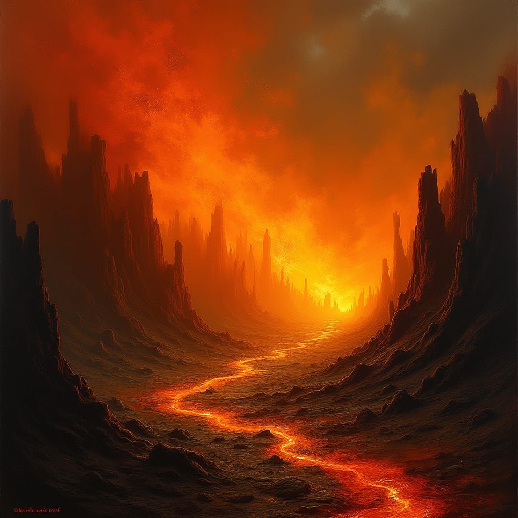 Ethereal Inferno Landscape in Haunting Surreal Style