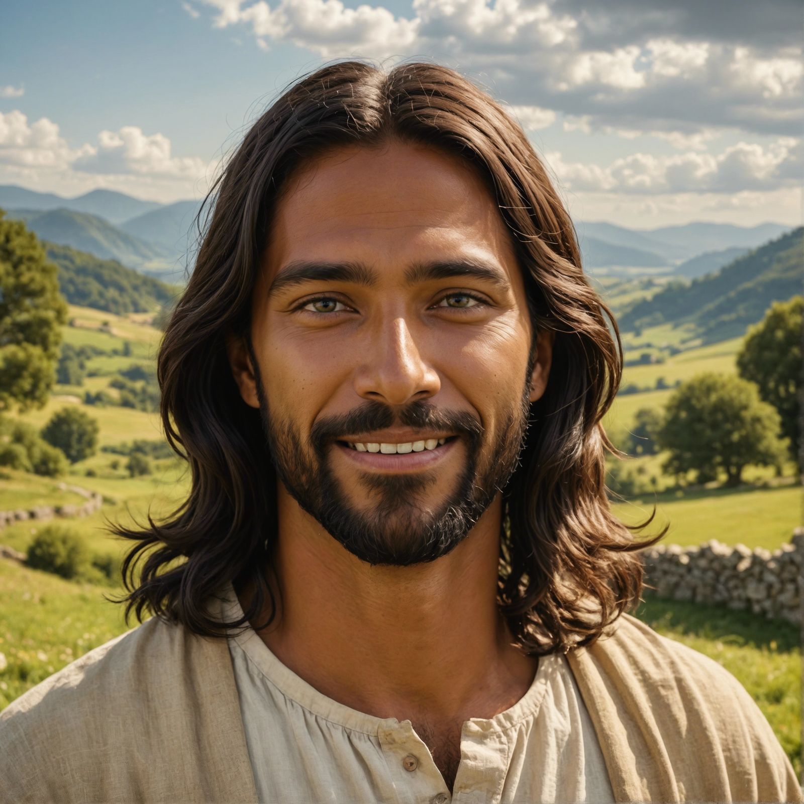 Serene Portrait of Jesus in Pastoral Landscape