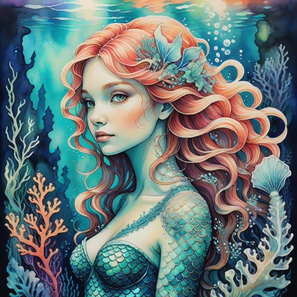 Ethereal Mermaid Portrait Amidst Vibrant Coral Reef