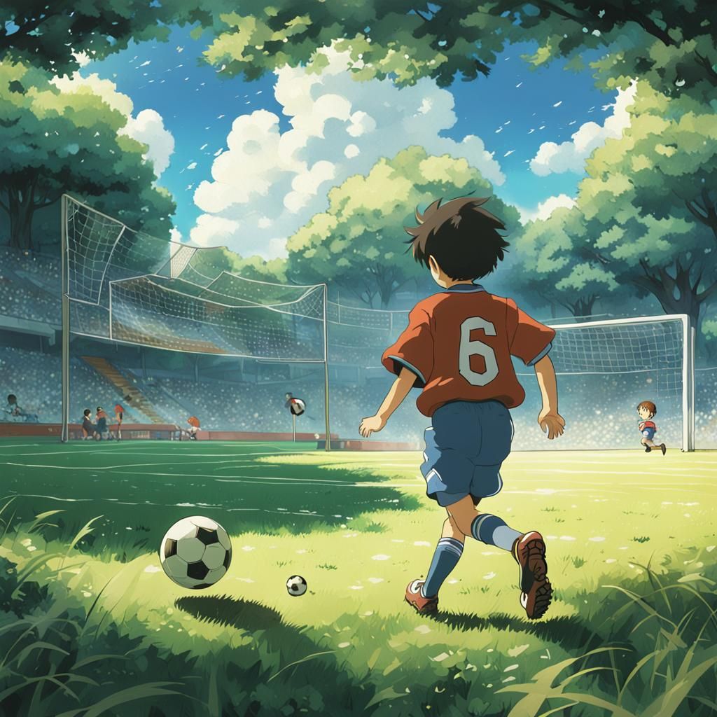 Boy Playing Football in Studio Ghibli Style
