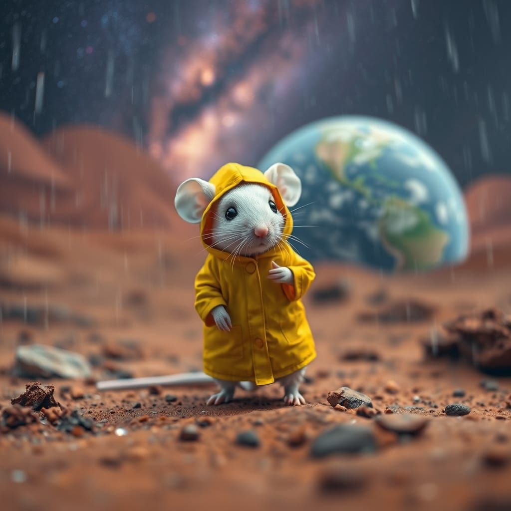 Mars Mouse in Yellow Raincoat with Galaxy View of Earth