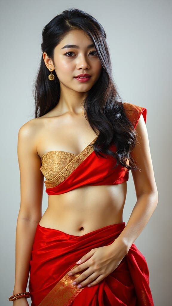 Korean Woman in Red Saree, Hourglass Figure