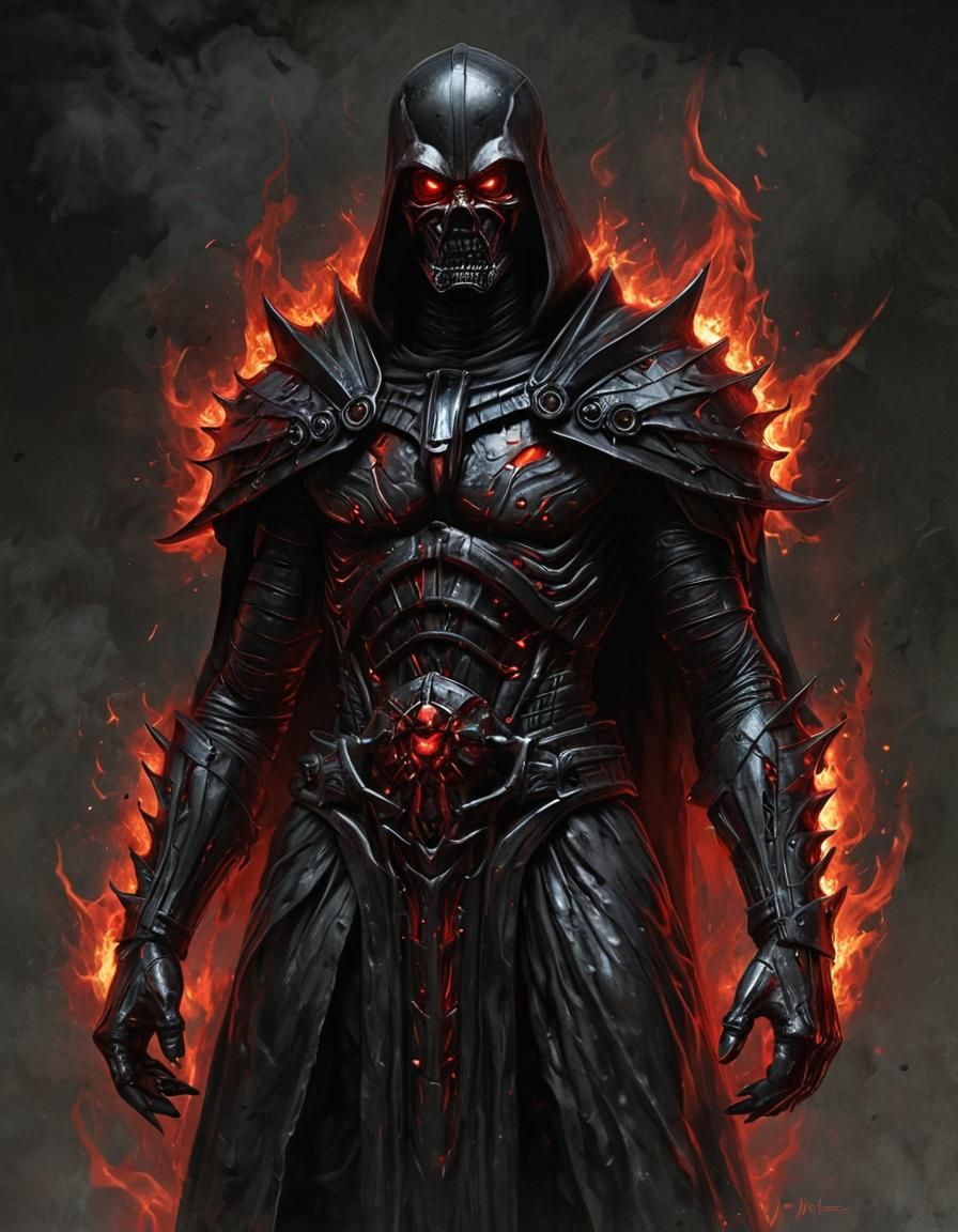 Demonic Sith, fire of perversion, rendered in Blender portrayal of vile-evil, purity-demonic Crimson Darth Inferno. Omin...