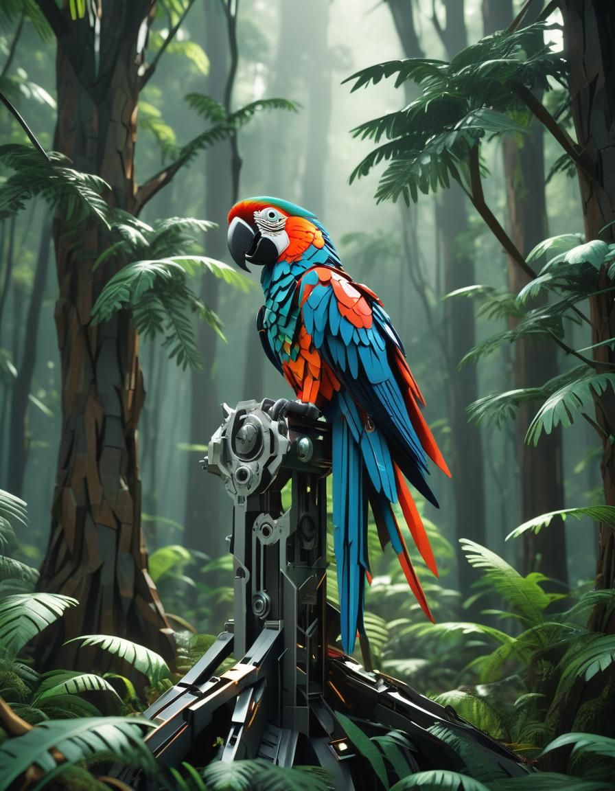 Kirigami Macaw with Intricate Mecha Details