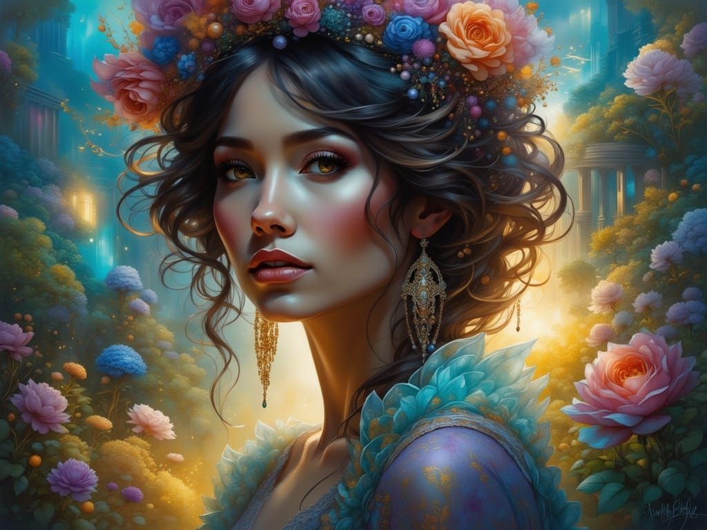 Serene Woman in Suburban Landscape: Digital Art