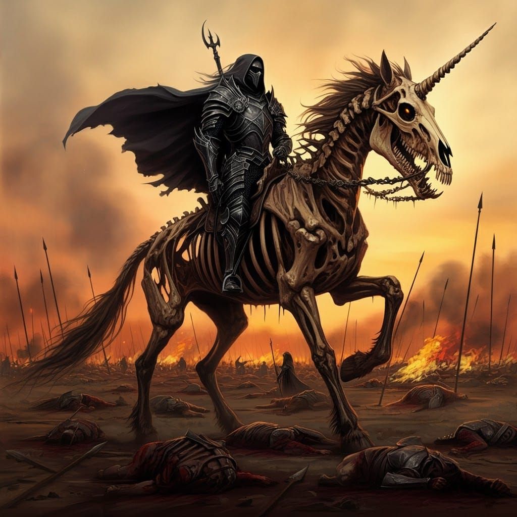 Undead Unicorn and Dark Elf in War-torn Landscape
