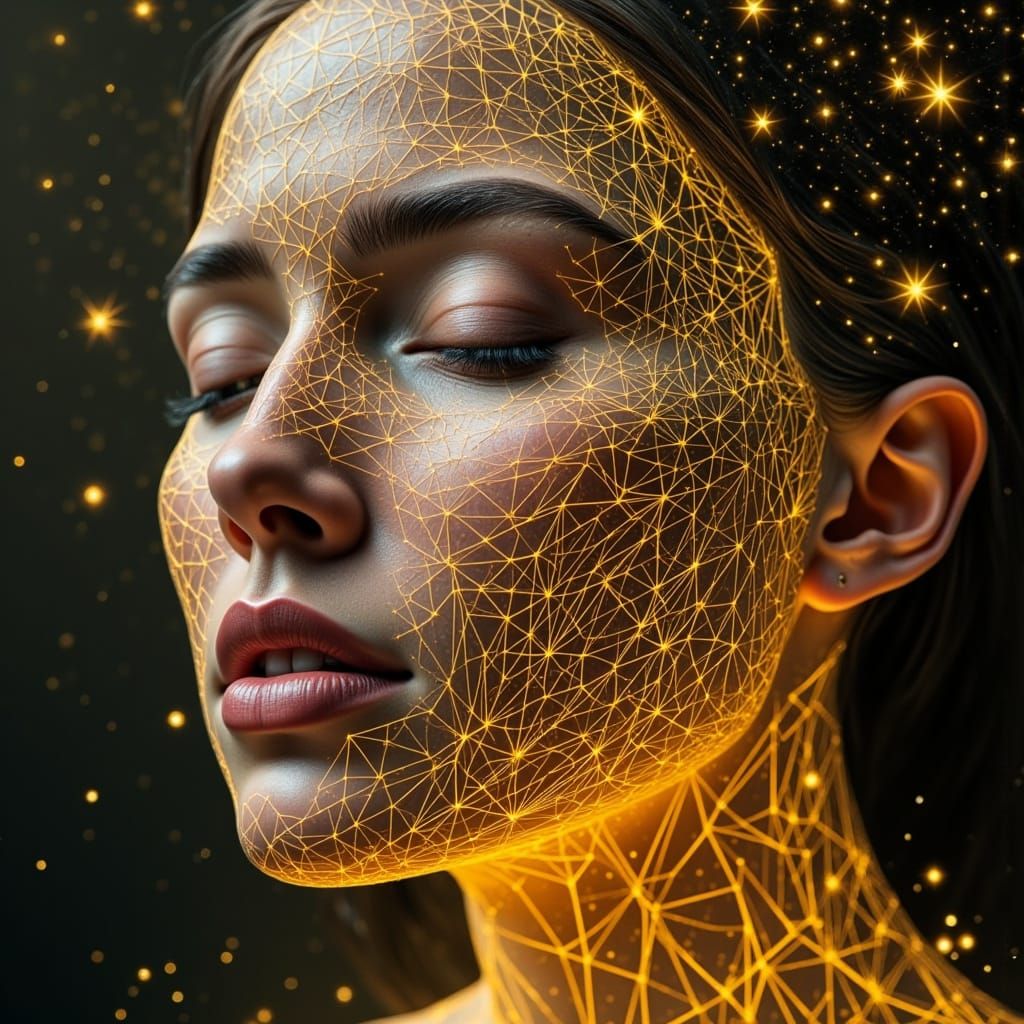 Surreal Cybernetic Goddess Transforms into Golden Web of Sta...