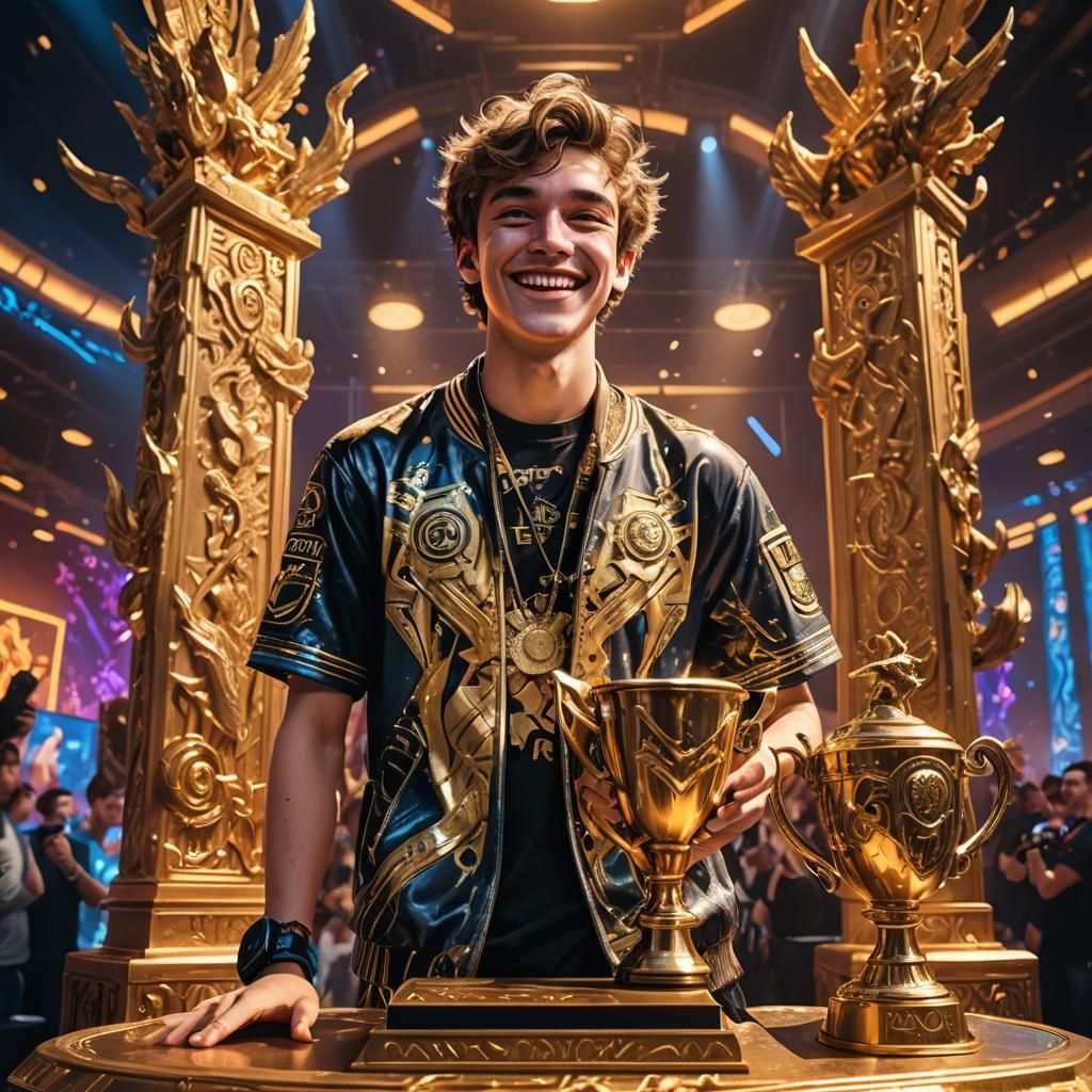 Triumphant Teenager on Esports Podium in Cyberpunk Style