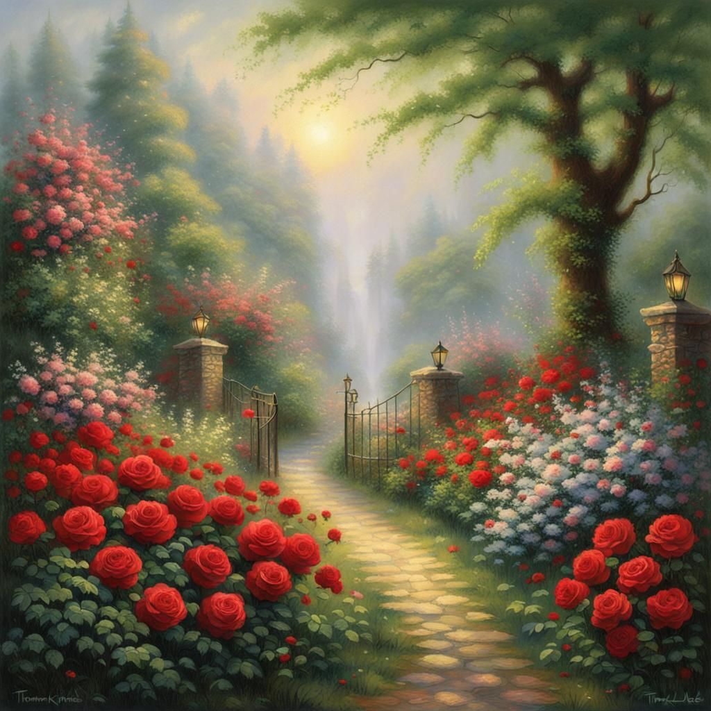 Ethereal Green Trees and Red Roses in Fantasy Style