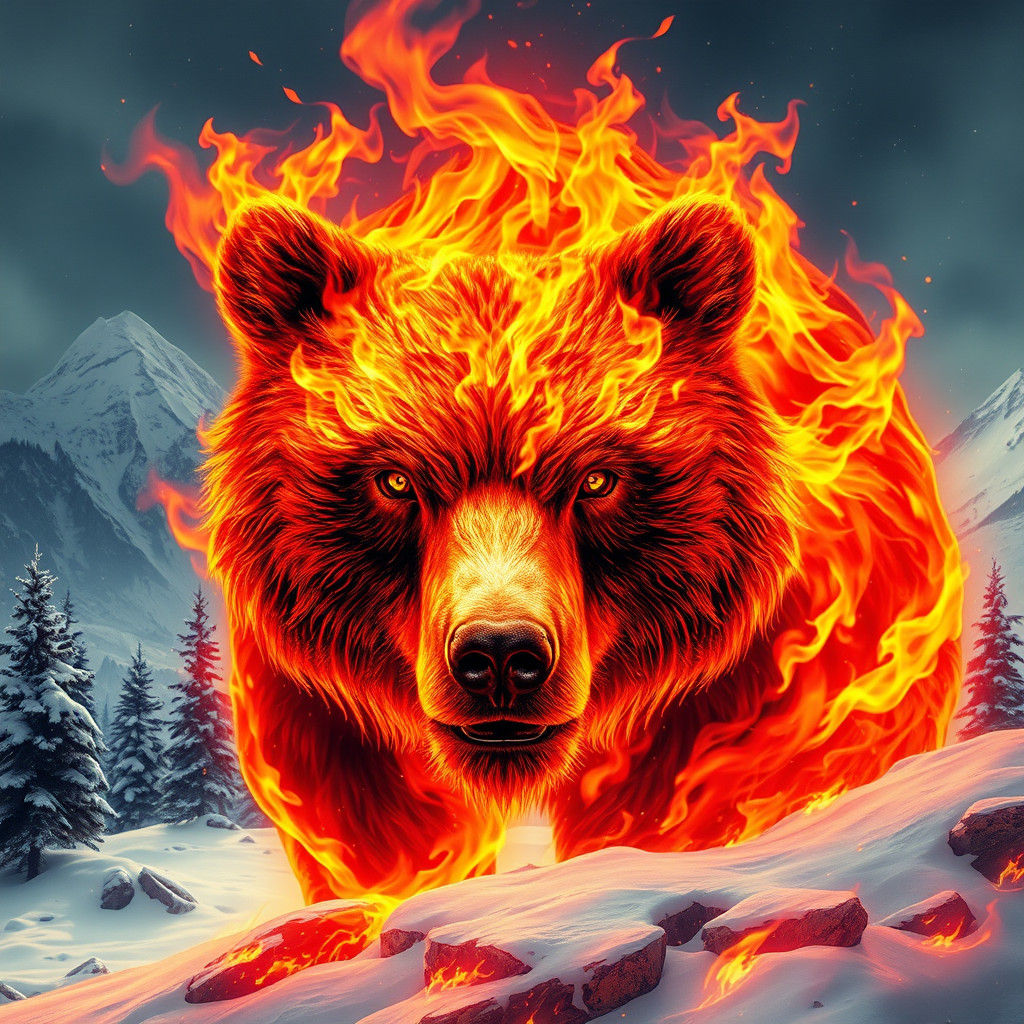 Fiery Bear Spirit on Snowy Mountain