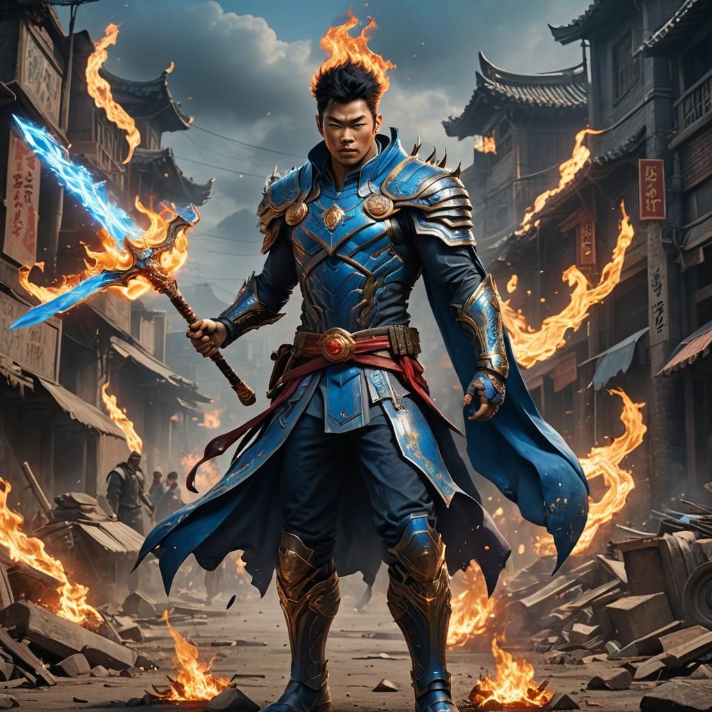 Asian Superhero Fighting Poverty with Flaming Sword