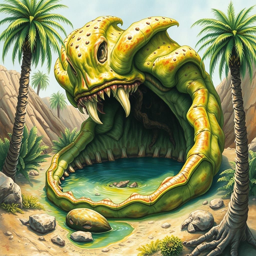 huge carnivorous plant laying ambush in an oasis, the plant'...