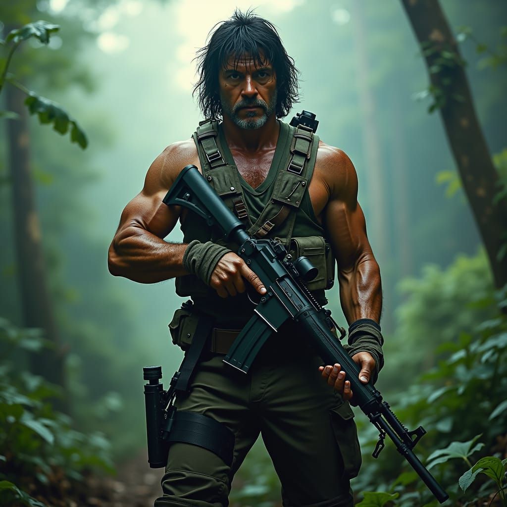 Photorealistic Rambo in War-Torn Jungle, Cinematic Digital A...