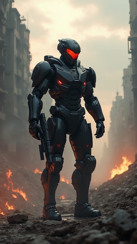 Armored Soldier in Post-Apocalyptic Battlefield: Sci-Fi Mast...