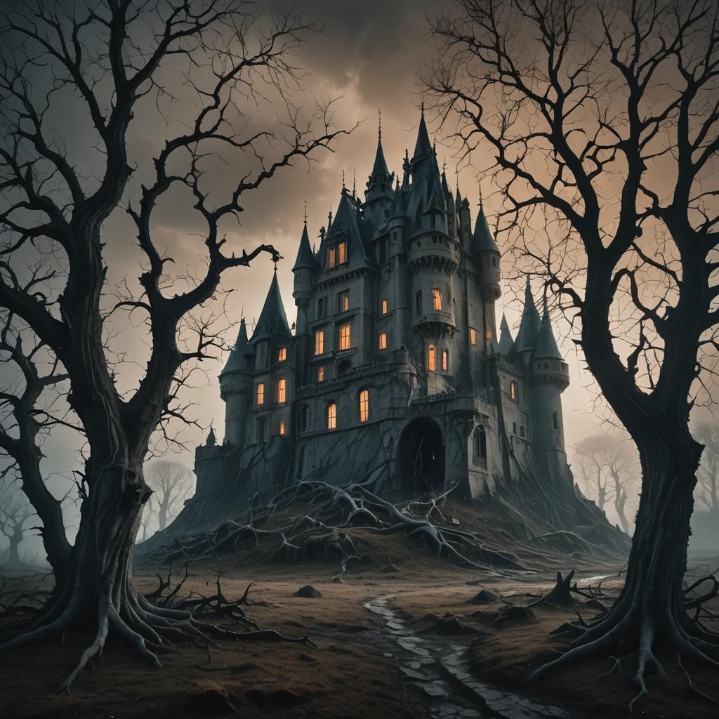 Eerie Surreal Landscape with Gothic Chateau