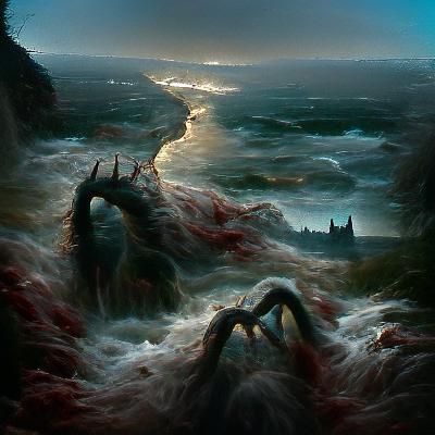 Sinister River Meets Sea: Gothic Horror Illustration