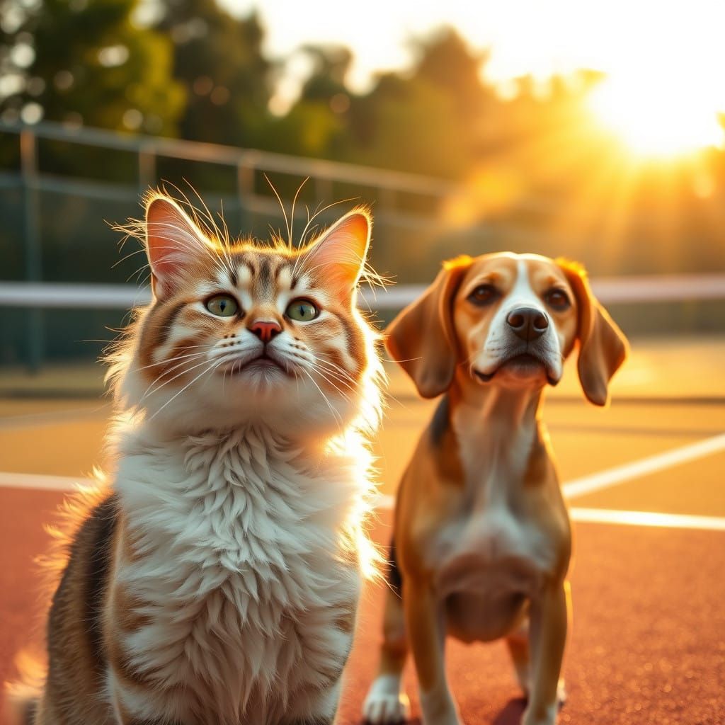 Joyful Feline and Canine Friends on a Tennis Court at Golden...