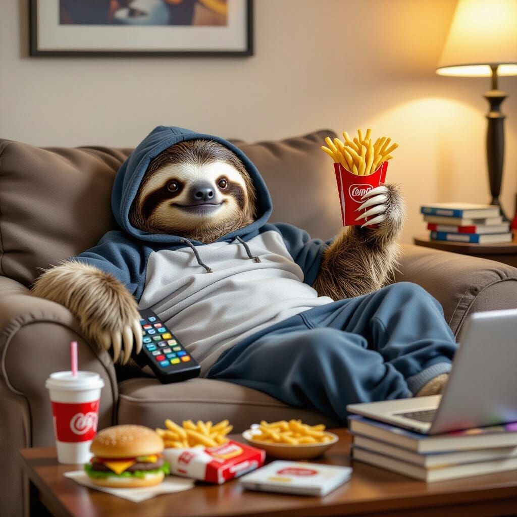Cute Sloth Relaxing on Couch with Snacks and Remote