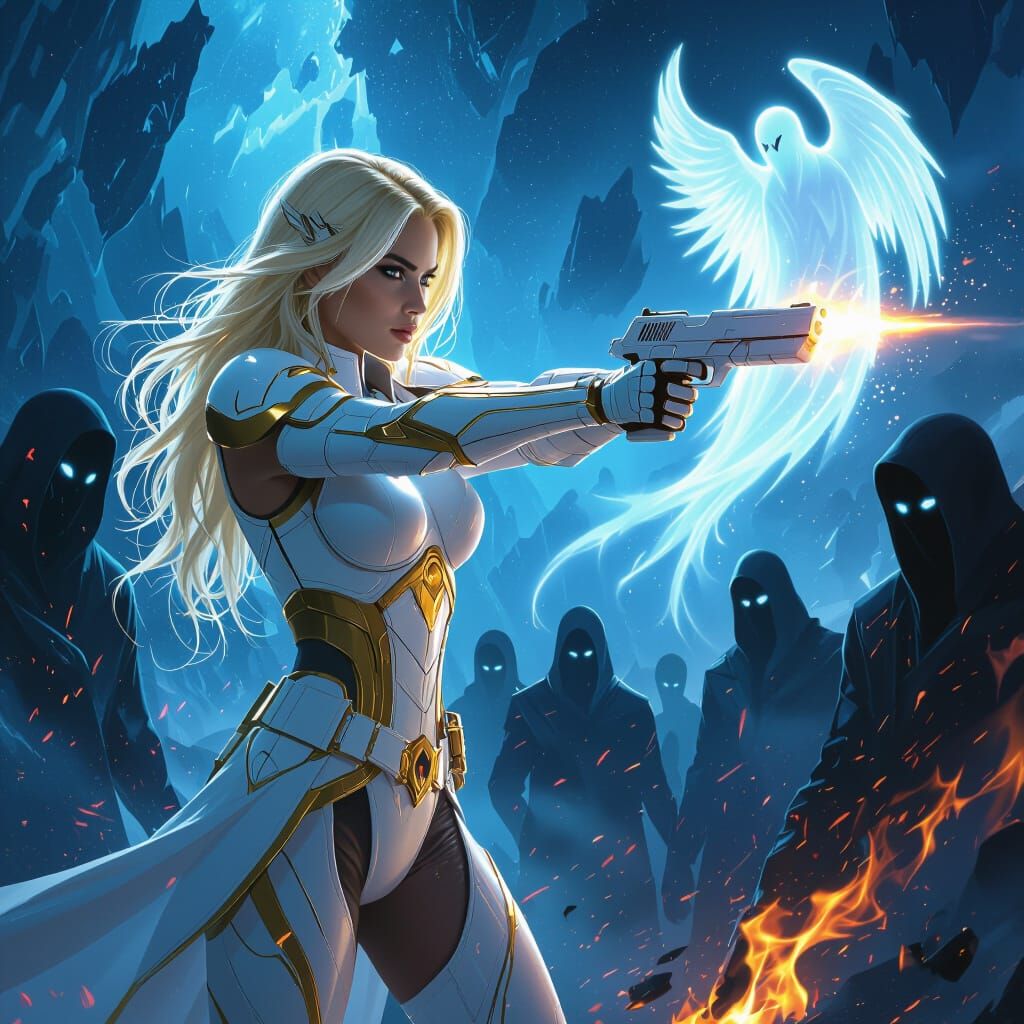 Futuristic Woman Warrior in Epic Fantasy Landscape