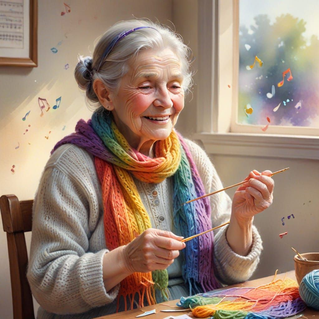Elderly Woman Knitting Rainbow Scarf in Watercolor Style