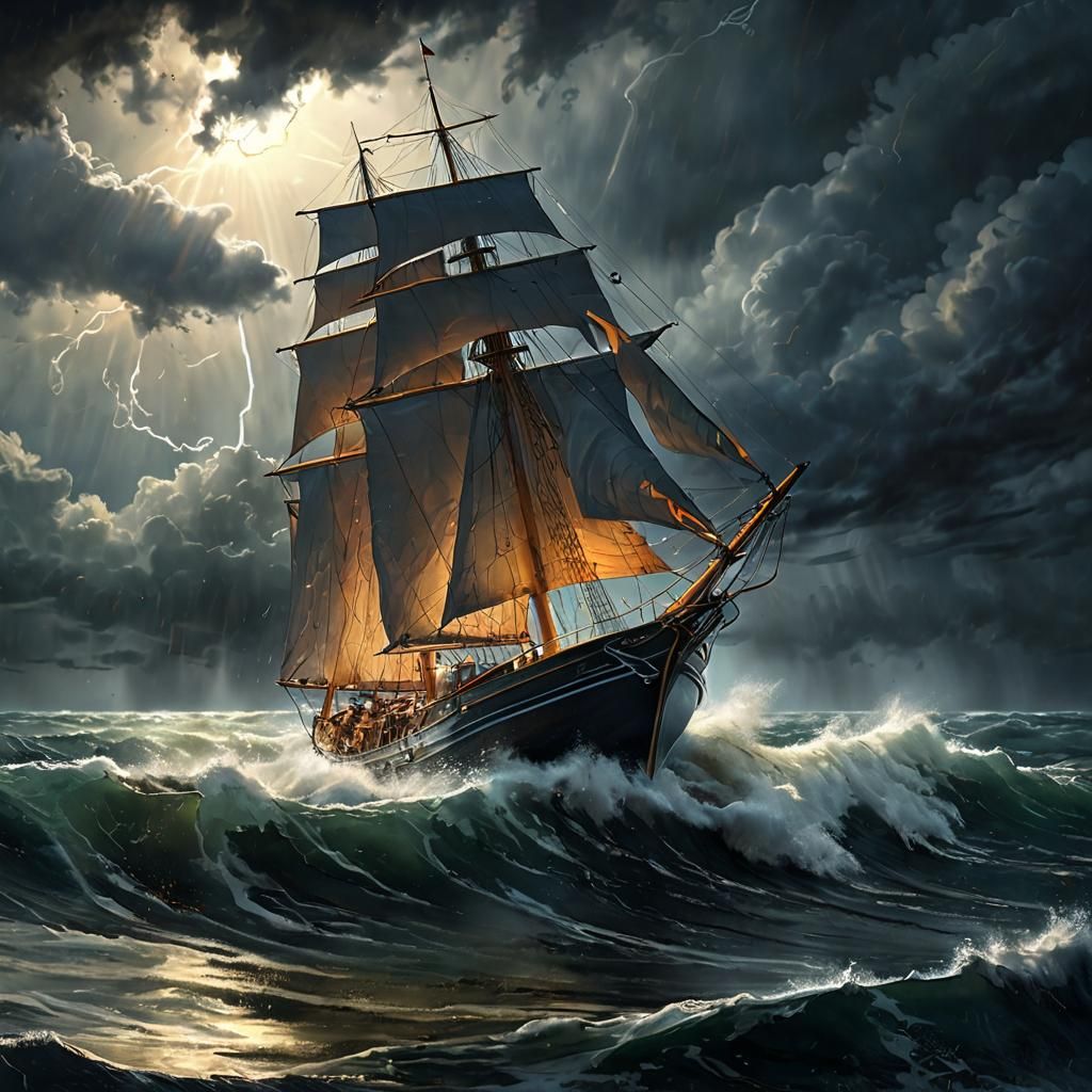 Sailboat Amidst Stormy Seas in Romanticism Style