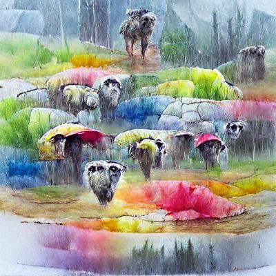 Colorful Watercolor Painting of Sheep in Rain