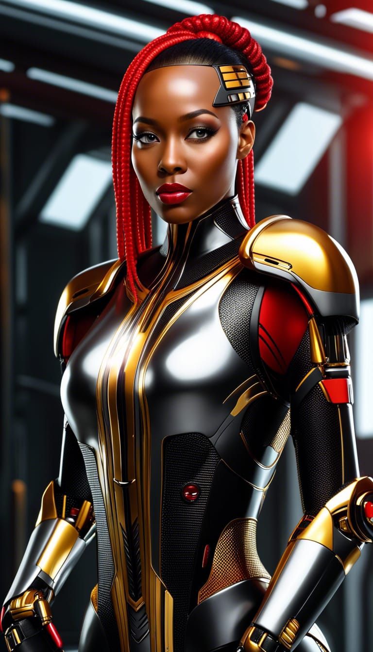 Melanesian Female Cyborg with Red Ponytail