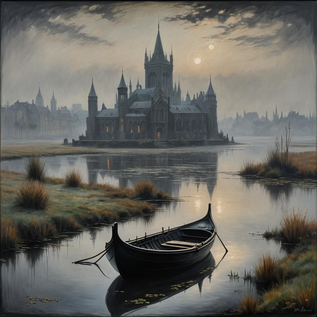 Sleek Black Gondola on Moor Pond in Jugendstil Style