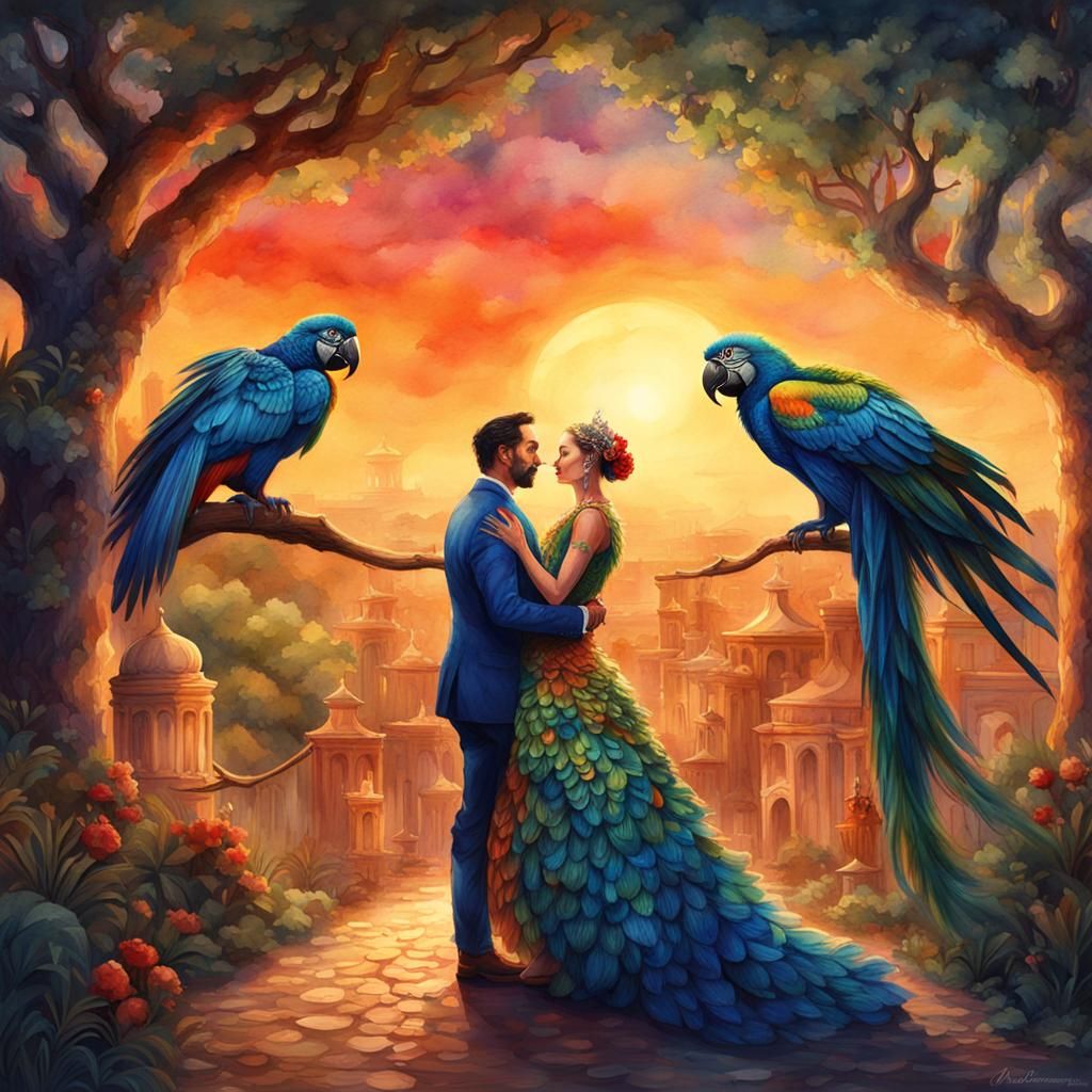 Macaw Man and Peacock Woman Dancing: Watercolor