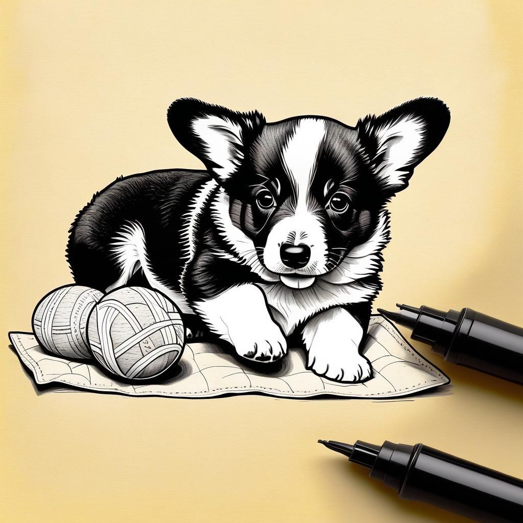 Playful Corgi Puppy: Black and White Ink Illustration
