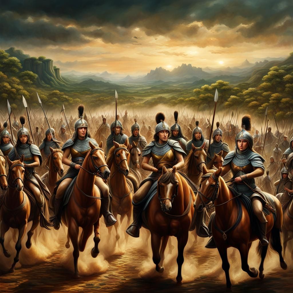 Penthesilea and her Amazons ride into battle