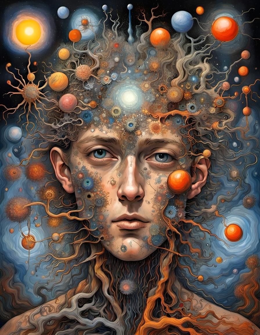 Nanotech Neuron Face: Impressionist Ink Painting