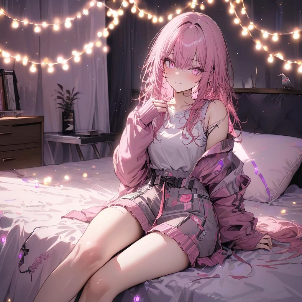 Pink-Haired Girl on Aesthetic Bed with Fairy Lights